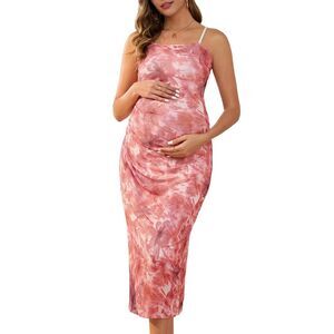 Maternity Mesh Ruched Side Bodycon Spaghetti Strap Dresses Red Floral